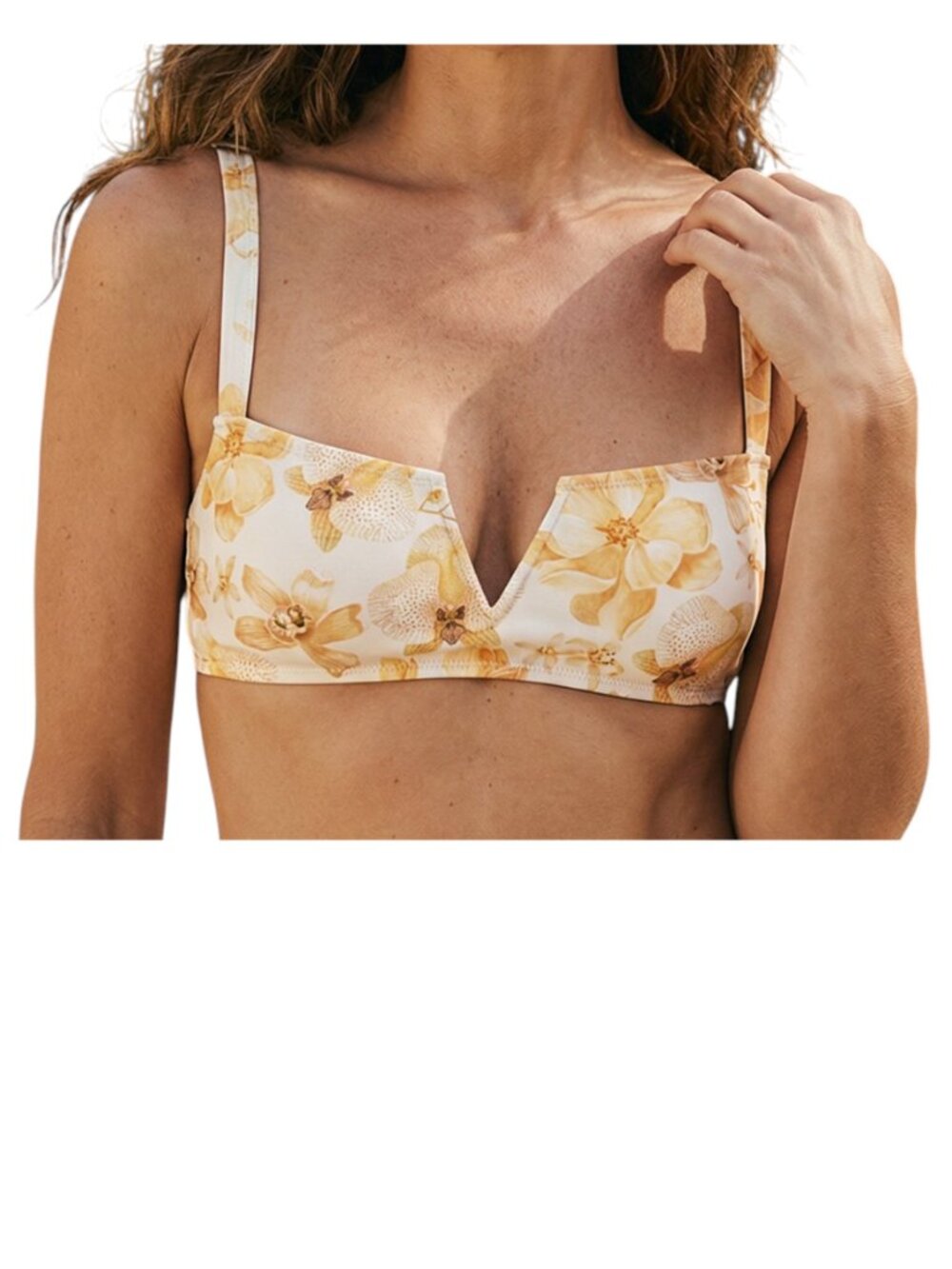 Gold Yellow and Off White Floral Print Thong Bikini Set - Size Small